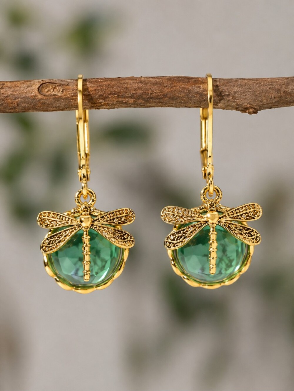 Green Cabachon  Dragonfly Earrings
